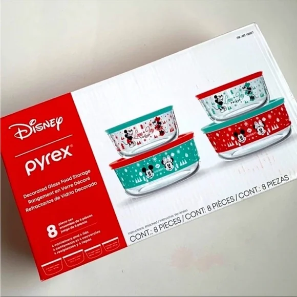 NIB Pyrex Disney Christmas Mickey & Minnie Mouse Decorated Glass Containers Lids - Picture 3 of 7
